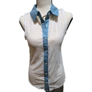 LOVELYGIRL White Lace Sleeveless Button-Up Blouse with Blue Collar S